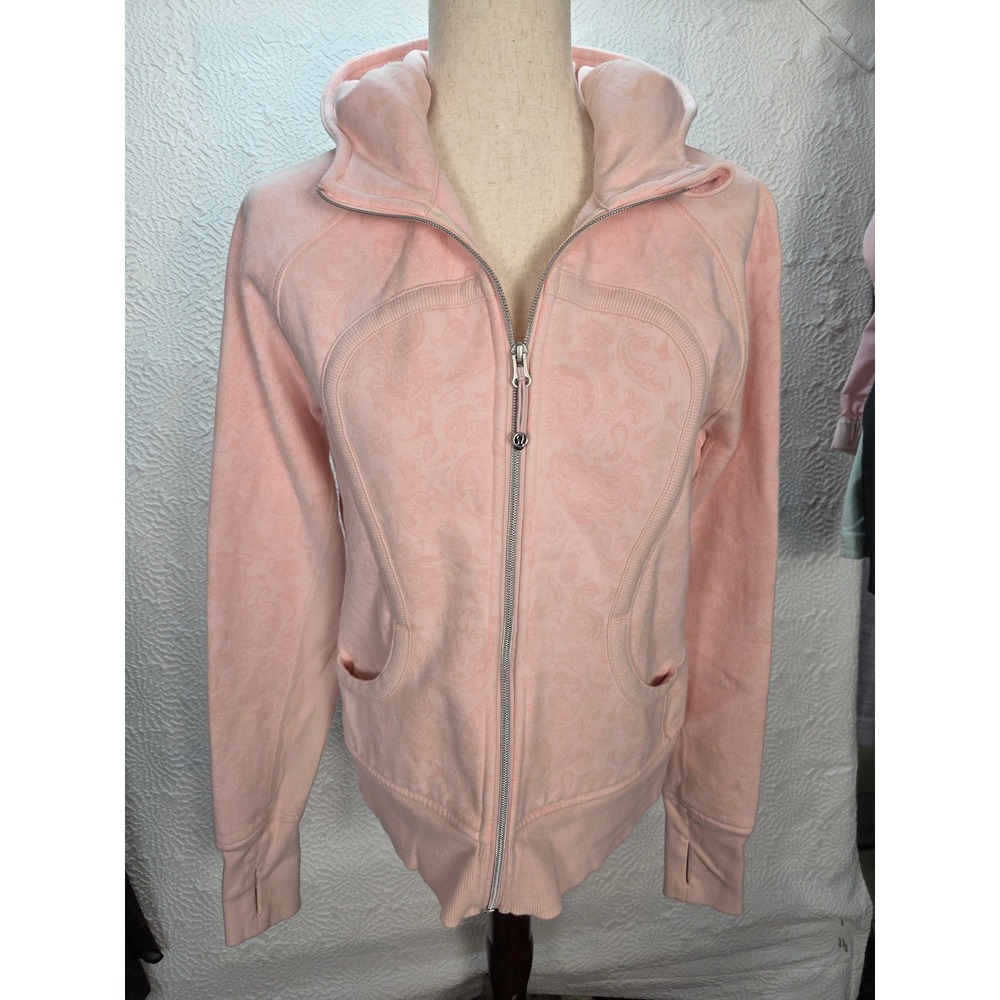 Lululemon Scuba Full Zip Hoodie Womens 8 Pink Paisley Jacquard Good Thumbholes